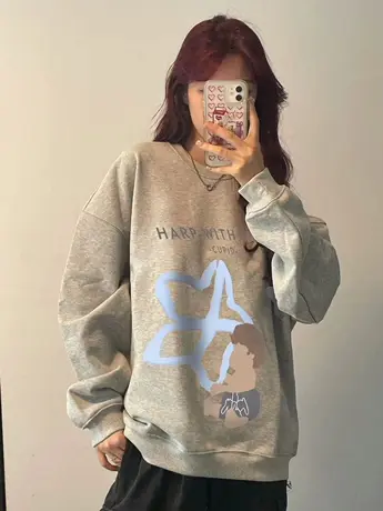 美式复古oversize潮牌卫衣女2023春秋薄款慵懒风小个子高级感外套商品大图