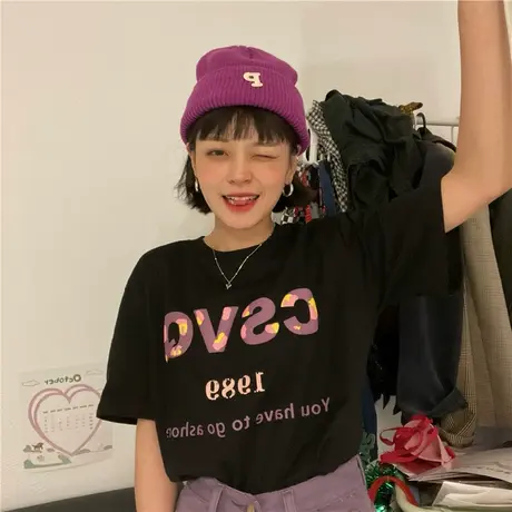 红续原创发泡字母设计感小众纯棉宽松短袖T恤女韩版休闲学生百搭图片