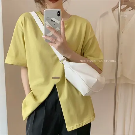 短袖t恤女夏2021新款韩版ins潮不规则宽松开叉纯色设计感小众上衣商品大图