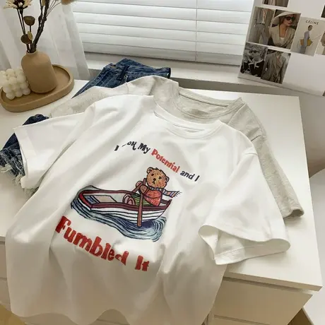 复古小熊印花米灰色短袖T恤女宽松显瘦时髦百搭白色内搭打底衫春商品大图