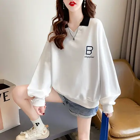 翻领polo衫卫衣女春秋韩版宽松设计感小众薄款v领小个子上衣外套商品大图