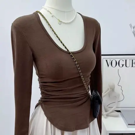 甜辣妹纯欲长袖T恤女初秋修身显瘦洋气减龄纯色打底衫上衣体恤潮图片