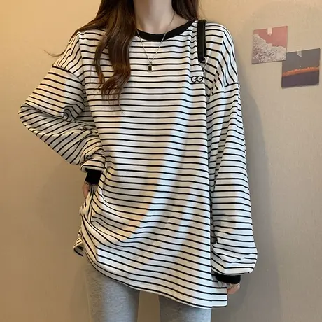 大码条纹长袖T恤女打底衫秋冬季内搭洋气宽松chic港味中长款卫衣商品大图