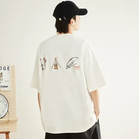 印第安印花日系复古重磅纯棉白色t恤短袖男款加大2023新款夏季潮图片