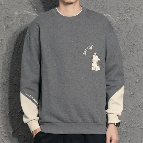 设计感拼接撞色无帽卫衣男潮美式hiphop炸街痞帅潮牌黑色圆领上衣商品大图