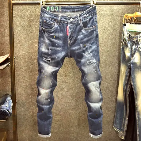 高街耐磨牛仔裤男美式复古破洞修身小脚裤时尚潮牌泼墨蓝色长裤子商品大图