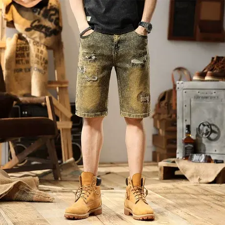 Modi Nick/摩帝尼克百搭男士牛仔五分裤潮流破洞刺绣高街男士短裤商品大图