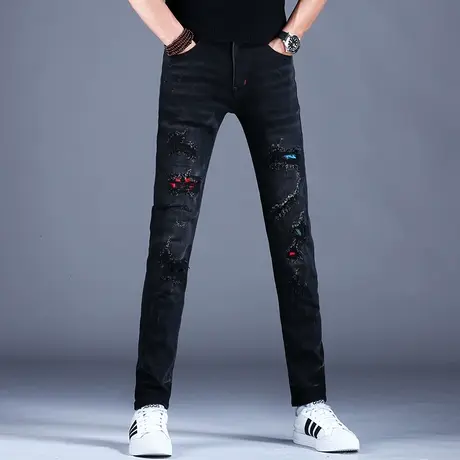男士黑色牛仔裤男破洞潮ins高街裤男修身小脚春秋季2023新款裤子商品大图
