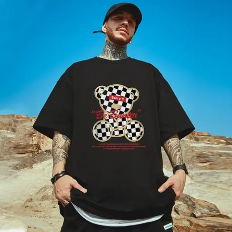 oversize潮牌港风大码男装国潮嘻哈宽松短袖小熊情侣T恤半袖潮流商品大图