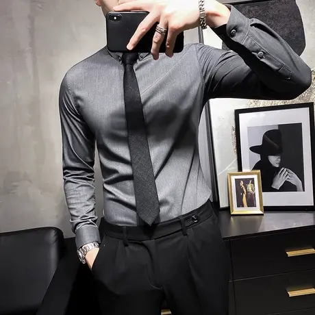 网红气质衬衫男长袖商务正装西服打底寸衣修身痞帅质感垂滑上衣潮商品大图