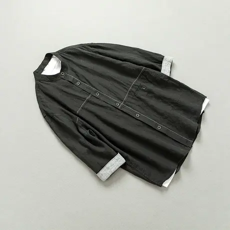 亚麻衬衫男夏季薄款立领衬衣七分袖休闲宽松外套棉麻拼接上衣潮流商品大图