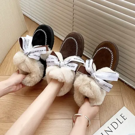 皮毛一体雪地靴女2023冬新款加绒加厚棉鞋低帮学生蝴蝶结短靴百搭图片