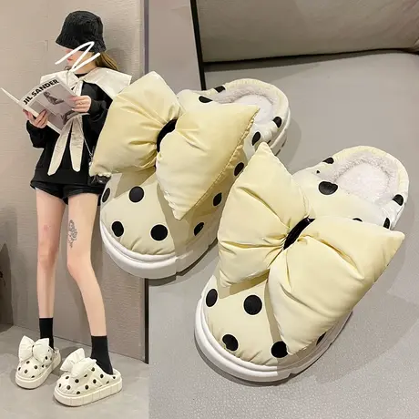 网红波点蝴蝶结棉拖鞋女保暖厚底踩屎感可外穿室内家居防水棉拖鞋图片