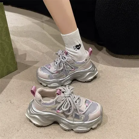 百搭厚底老爹鞋女2024新款春秋松糕休闲鞋子潮流小个子透气运动鞋图片