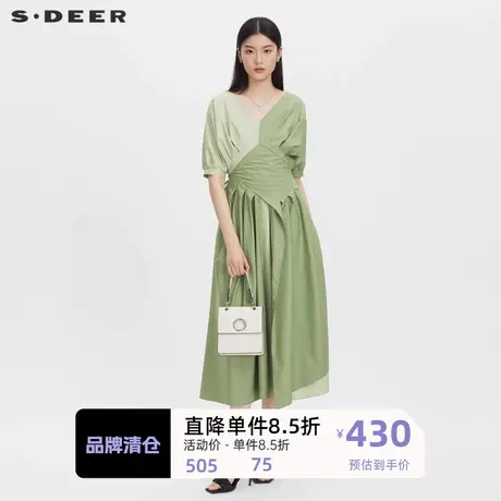 sdeer圣迪奥V领泡泡袖雪纺连衣裙S232Z12N6图片