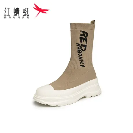 红蜻蜓女鞋2022秋季新款弹力靴女中筒袜子鞋女厚底增高袜靴显瘦潮图片