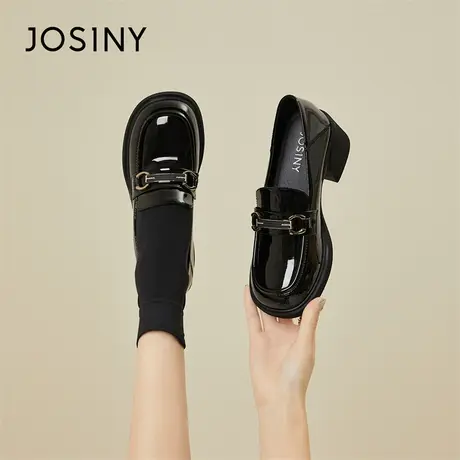 Josiny/卓诗尼粗跟厚底乐福鞋女2024年春季新款英伦风黑色小皮鞋商品大图