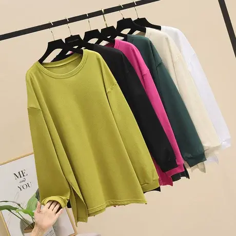 秋季新款韩版宽松圆领中长款开叉打底衫大版t恤纯色上衣长袖女潮商品大图