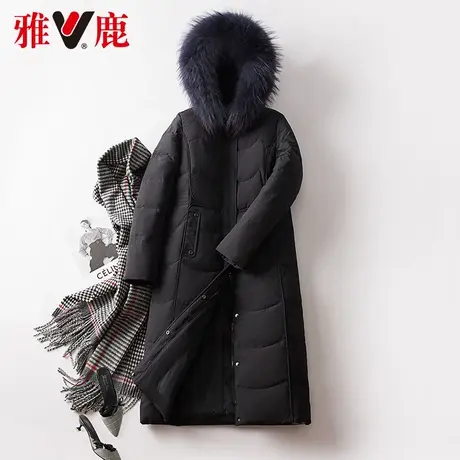 雅鹿大毛领羽绒服女中长款2022冬新款长过膝加厚连帽黑色保暖外套商品大图