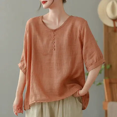dza 复古纯色苎麻衬衫女士2023夏季薄款套头衬衣休闲宽松棉麻上衣图片