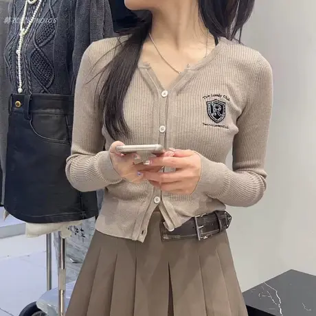 秋季2023新款学院风徽章刺绣针织开衫复古v领修身显瘦打底上衣女商品大图