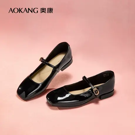 奥康女鞋 春秋季新款复古方头一字带玛丽珍鞋舒适低跟亮面单鞋商品大图