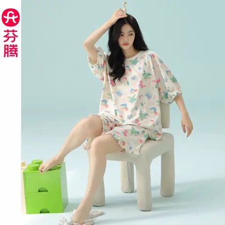 芬腾睡衣女夏季纯棉短袖女款可爱休闲大码薄款透气中袖家居服套装商品大图