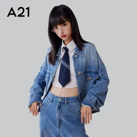 A21女装水洗牛仔外套春秋季翻领长袖立体裁剪慵懒风上衣户外休闲图片