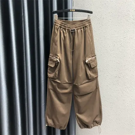 美式个性直筒工装裤女潮2023秋季新款松紧腰宽松显瘦高腰束脚裤子图片