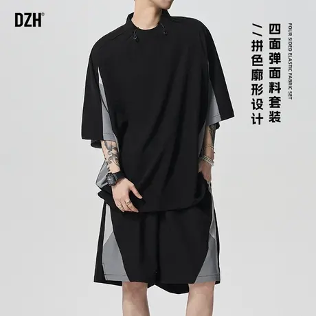青少年黑色休闲套装男夏季外穿短裤工装短袖t恤宽松上衣2025新款图片
