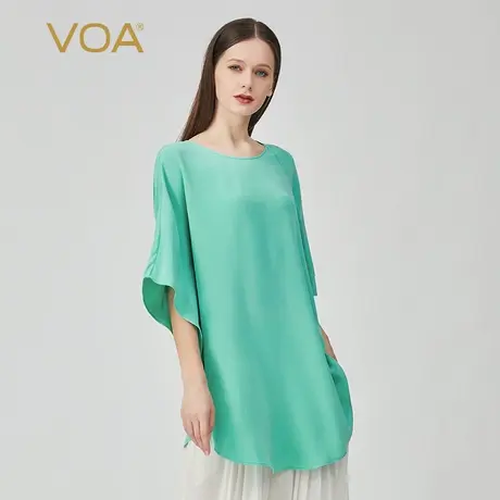 VOA真丝30姆米重磅绿色圆领不对称设计做旧荷叶边五分袖桑蚕丝T恤商品大图