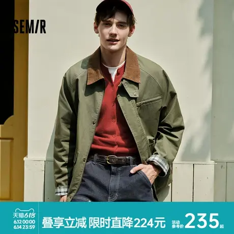 森马工装外套男复古拼接灯芯绒翻领夹克秋季情侣装宽松多口袋上衣图片