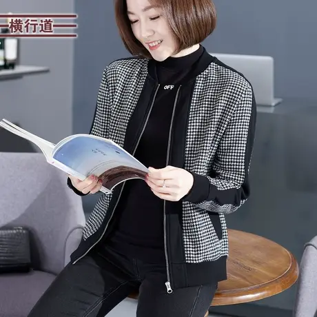 横行道黑白千鸟格拼接长袖外套休闲宽松大码女装外套冬装妈妈装商品大图
