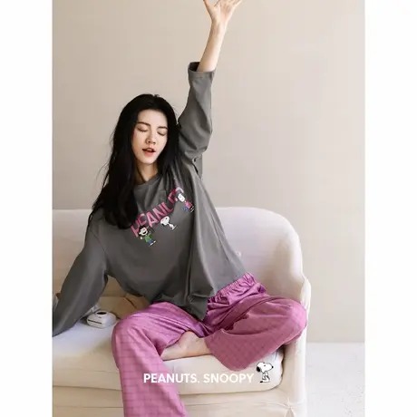 贝妍史努比睡衣女春秋季新款柔软棉长袖家居服可外穿大码长裤套装商品大图