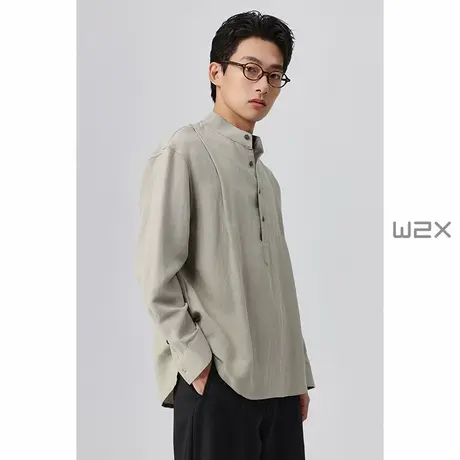 w2x秋季天丝亚麻长袖衬衫男立领高级感痞帅衬衣国风青年休闲寸衫商品大图