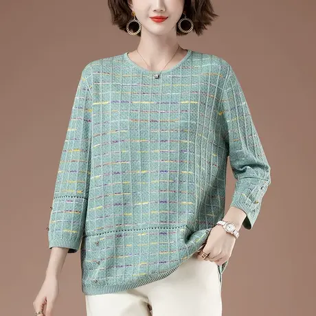 七分袖针织打底衫女春秋新款加肥加大码女装宽松圆领薄款显瘦上衣商品大图