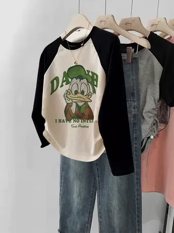 撞色内搭打底衫胖mm大码女装秋季新款长袖T恤女港风ins潮正肩上衣商品大图