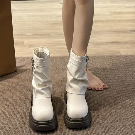 永希网红短筒靴女款2023年秋季新款洋气复古百搭厚底粗跟裤管冬靴图片