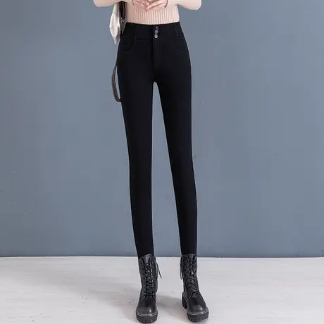拉夏贝尔黑色打底裤女2025新款秋冬季加绒高腰紧身铅笔小脚保暖裤商品大图