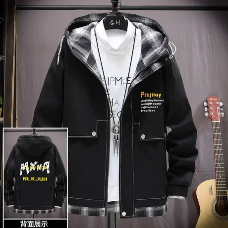 假两件外套男2023年新款青少年春季帅气初中高中学生连帽上衣夹克商品大图