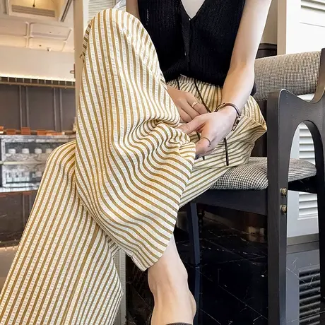 竖条纹窄版阔腿裤女2025春夏季新款高腰显瘦垂感宽松薄款直筒长裤图片