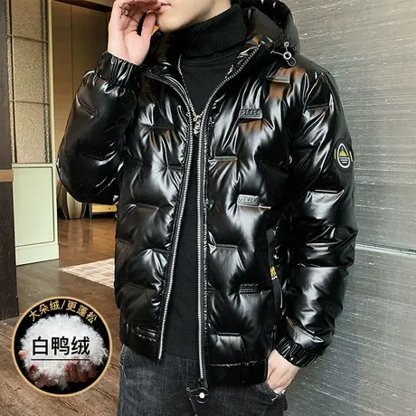 PU皮羽绒服男士2023新款秋冬季轻薄亮面潮牌冬装加绒加厚冬装外套图片