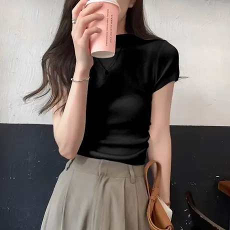 黑色圆领高领正肩t恤女夏修身抽褶性感辣妹短款内搭半袖上衣女商品大图