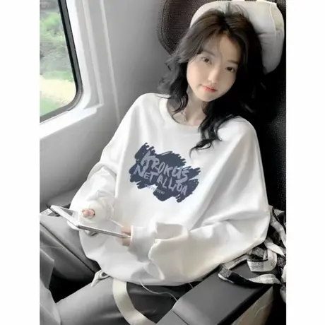 oversize白色圆领卫衣女2025新款韩版宽松慵懒风早秋薄款显白上衣商品大图