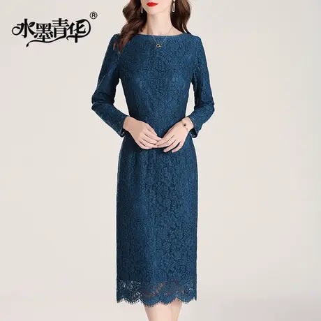 水墨青华2023冬季新品连身裙修身裙子气质蕾丝裙优雅收腰连衣裙女图片