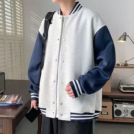 潮牌立领开衫卫衣男春秋季新款拼接纯色棒球服外套ins港风上衣服商品大图