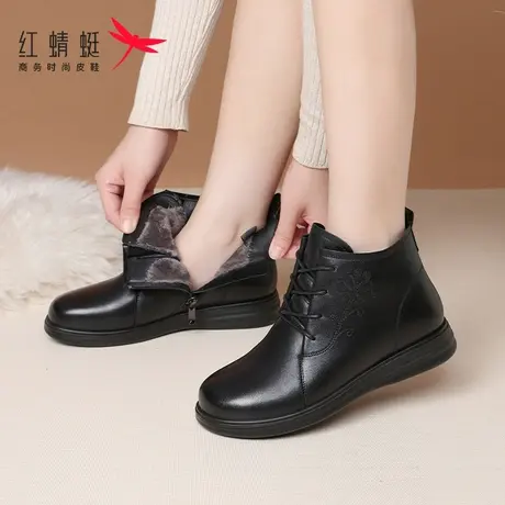 红蜻蜓女鞋2025冬季新款真皮加绒棉短靴保暖加厚中老年妈妈鞋棉鞋图片
