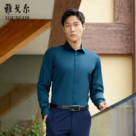 【惠】雅戈尔奥莱 男装清仓秋季深蓝格子长袖衬衫男格纹衬衣商品大图