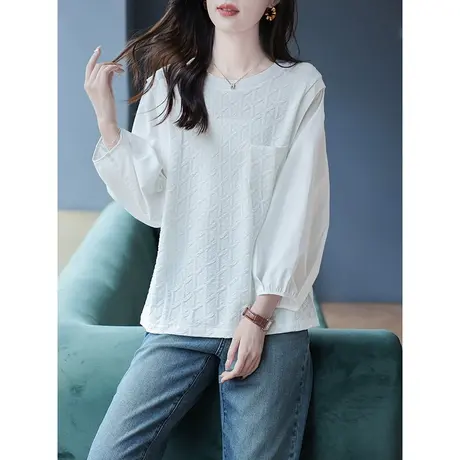 宝诗黎圆领拼接长袖雪纺衬衫口袋上衣女2023早秋新款宽松套头衬衣商品大图