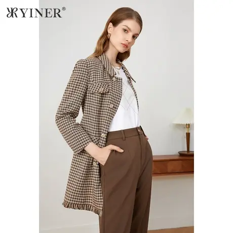 YINER音儿女装2021秋季新款格子复古中长款短外套商品大图